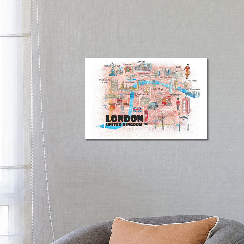 London UK Illustrated Map by Markus & Martina Bleichner - Painting on Canvas, Wrapped Canvas