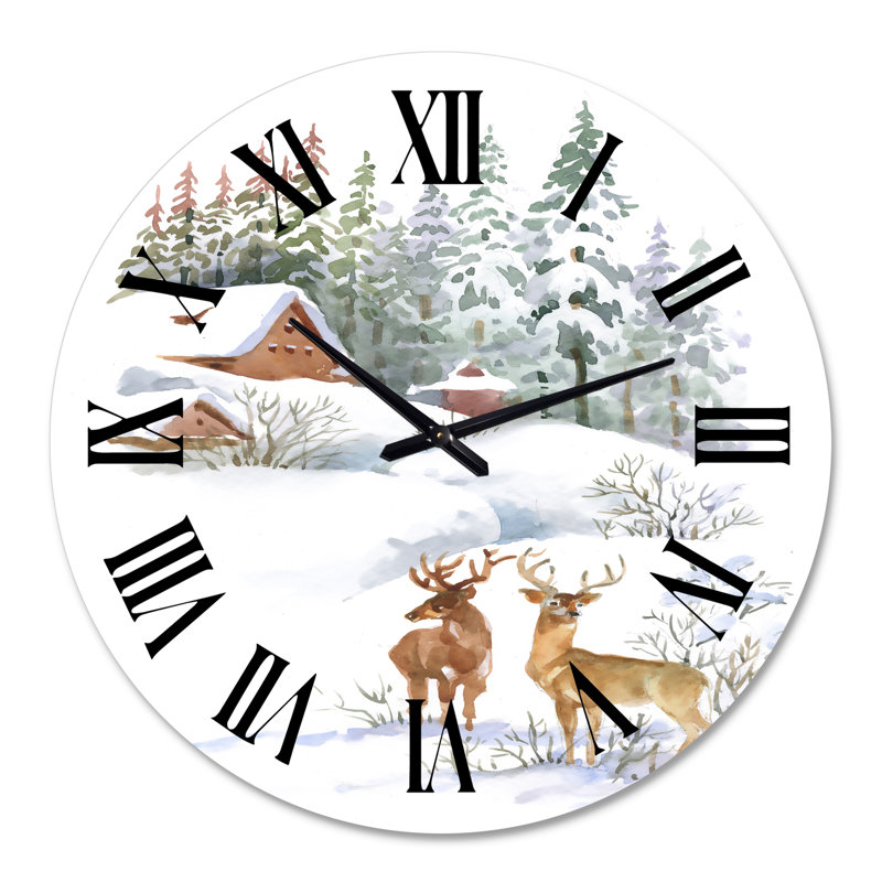 Winter Cottage With Two Deers - Horloge murale, Grand