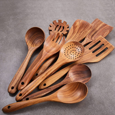 Wooden Kitchen Utensils Set,9 PCE Natural Teak Wooden Spoons For Non-stick Pan for Cooking,