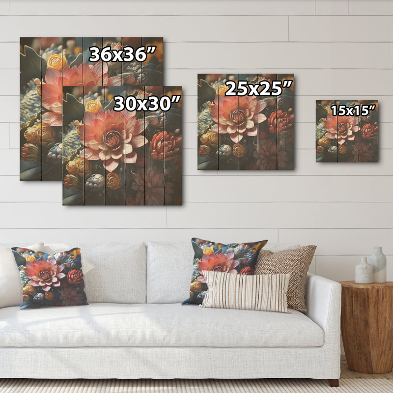 Bouquet de jardin coloré mosaïque - plantes, art sur bois de pin naturel, H 30 po x l 30 po