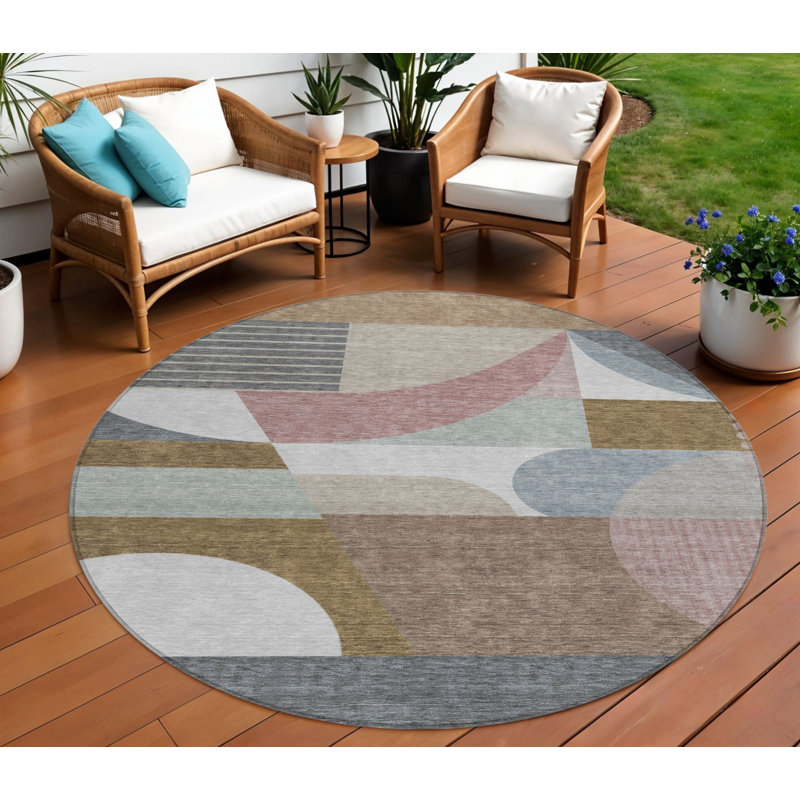 Tapis d'intérieur rond lavable géométrique ivoire et mauve 8 pi