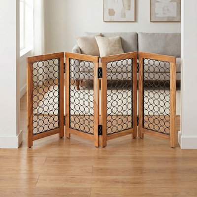 4-Panel Wooden Pet Gate with Circular Mesh Design – Foldable Freestanding Barrier – Stylish Pet Safety Fence for Doorways & Stairs