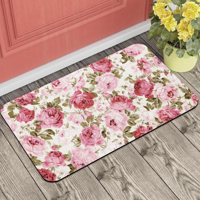 Front Door Mat, Vintage Pink Rose Flowers Doormat Outdoor Entrance, Non-Slip Low Profile Absorbent and Easy Clean Outdoor Welcome Mat for Entryway Patio Porch 16x24 in