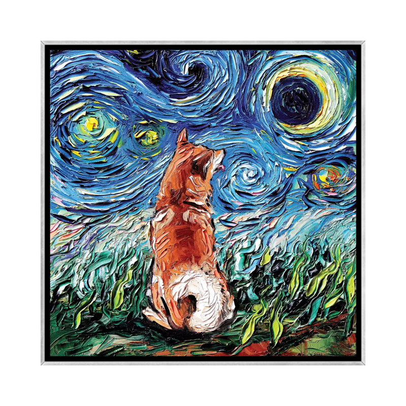 " Shiba Inu Night " by Aja Trier, No Mat, 26" H x 26" W x 1.5" D, Silver Framed Canvas