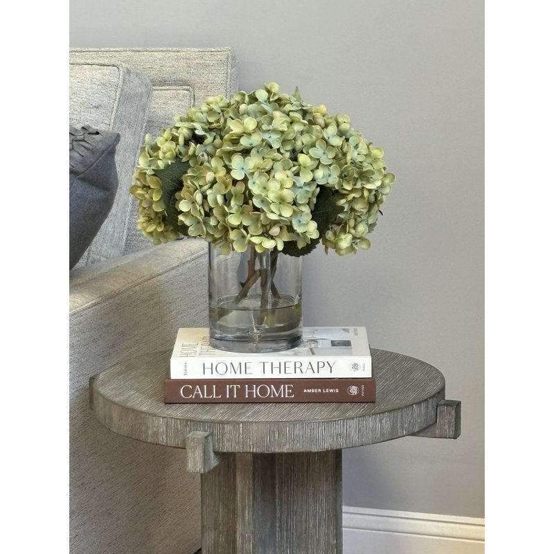 Hydrangeas in Glass Bubble Vase, Green, 14" x 13" 