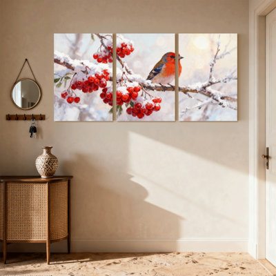 Birds Winter Bird On Snowy Branch With Red Berries Set of 3 Canvas Wall Art Prints