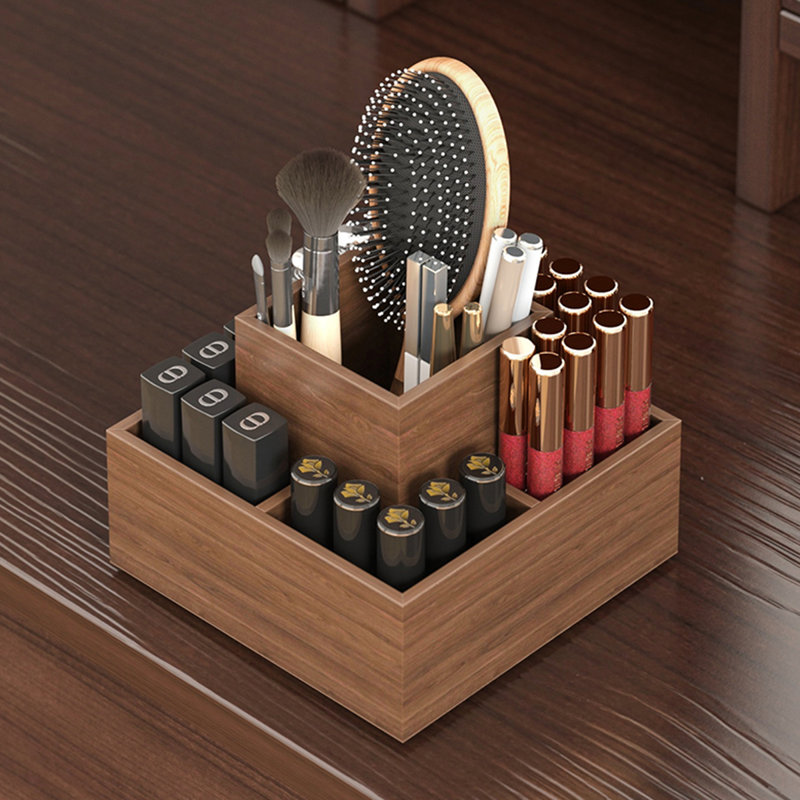 Boîte de rangement pour rouge à lèvres de bureau Coiffeuse rotative en bois Boîte de rangement pour cosmétiques