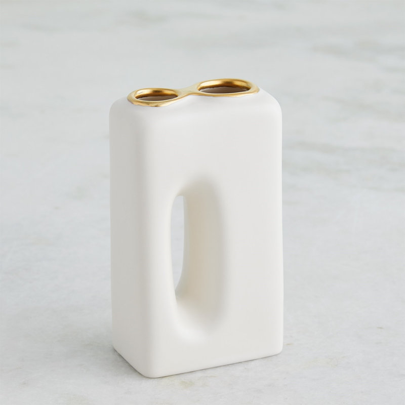 Oh Yes Handmade Earthenware Table Vase, Matte White/Gold