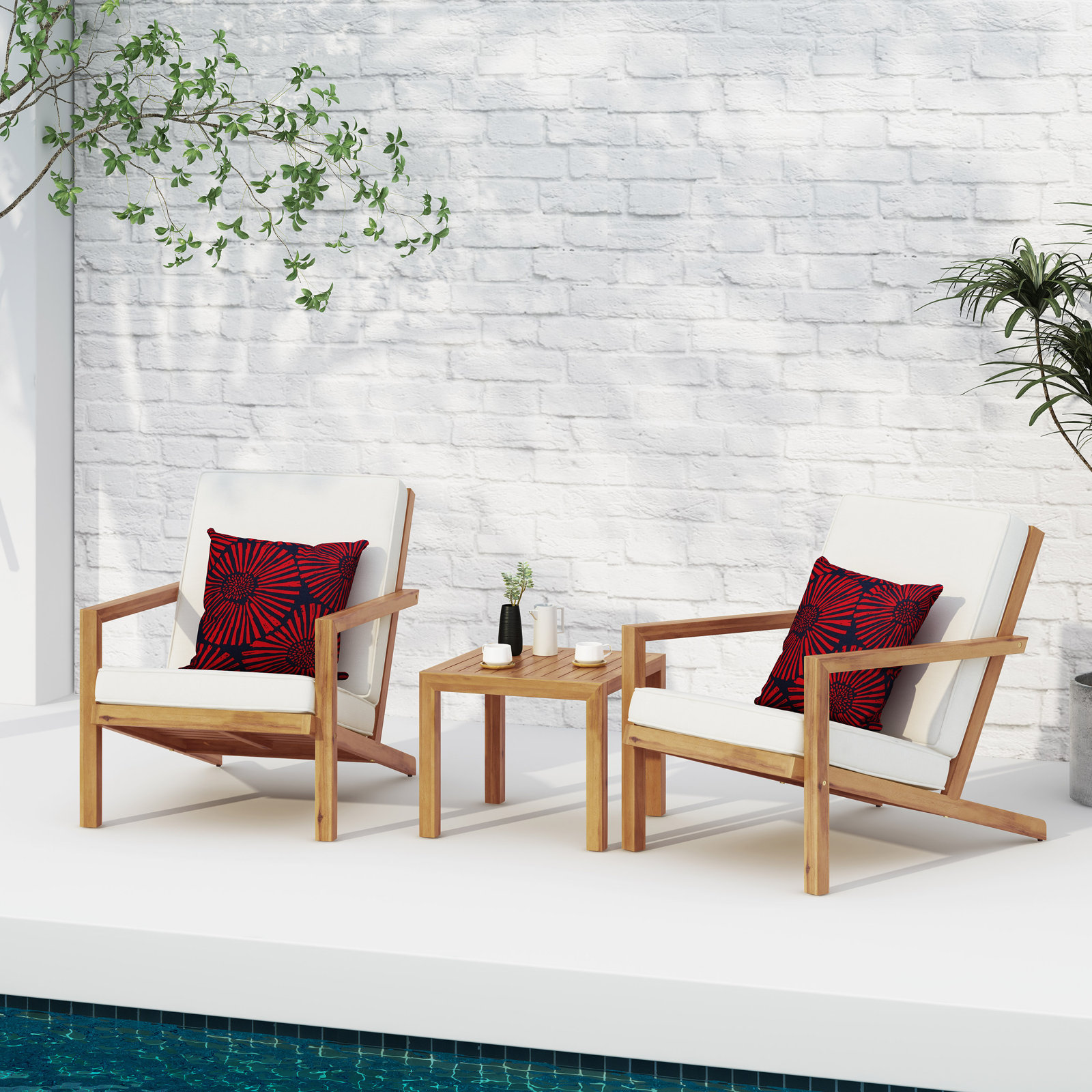 Aubrieana 2-Person Acacia Patio Seating Group, Teak, Cream