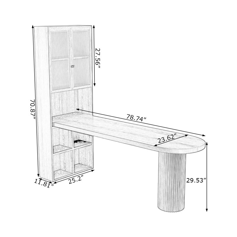 Bureau en bois massif noyer courbé, Retour à gauche, H 70,87 po x l 78,74 po x P 25,2 po