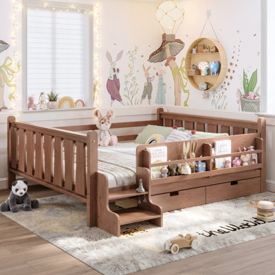 Lit pour enfants en bois massif avec bibliothèques de rangement, tiroirs, escaliers et garde-corps mignons, sans sommier