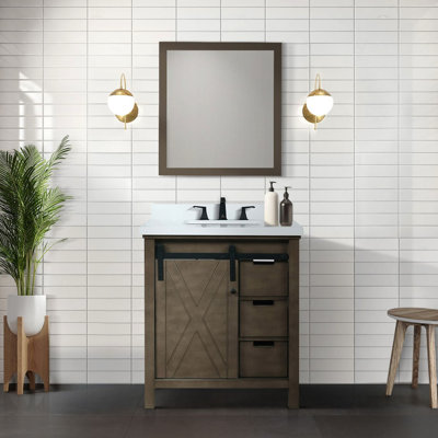Meuble-lavabo rustique brun avec comptoir compatible de 30 po, miroir de 28 po, une armoire, trois tiroirs et une tablette de rangement, installation de rangement rapide pré-fabriquée, 29,5 po d'espace de rangement intérieur de la salle de bain, tablette, facile