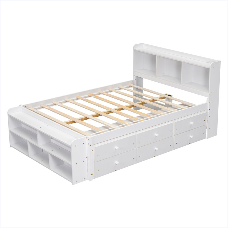 Full Bed With Bookcase Headboard, Under Bed Storage Drawers And Bed End Storage Case, White