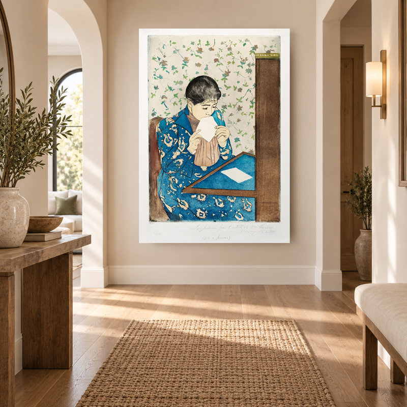Femme scellant une lettre, style impressionniste vintage, toile murale bleue, H 54 po x l 36 po