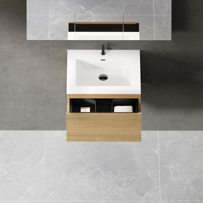 Ensemble de meuble-lavabo flottant 24 po avec lavabo, meuble-lavabo mural moderne rayé avec tiroirs à fermeture en douceur et cuve à quartz, 24V16-24WAB fumé