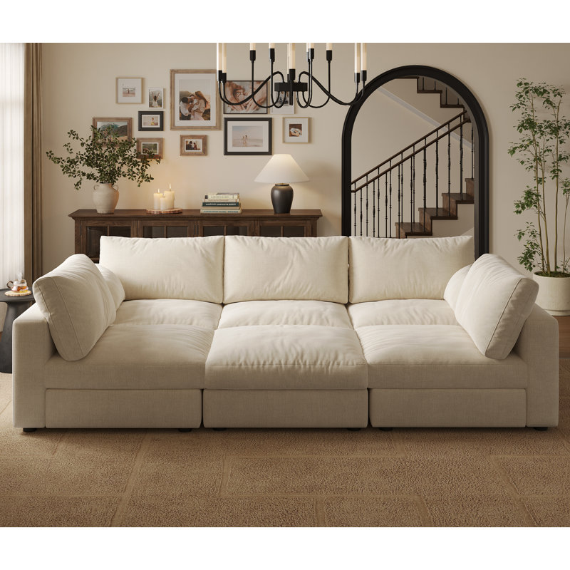 Canapé modulaire de 99 po avec rangement, Chenille beige, H 39 po x l 99 po x P 64 po 