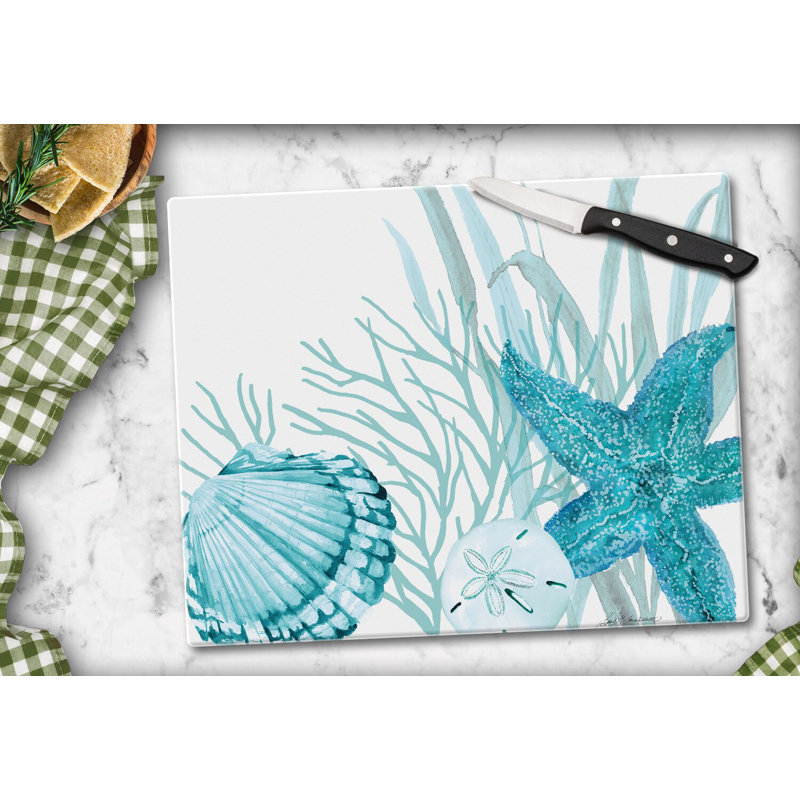 Coastal Coral Life Tempered Glass Cutting Board with Non-Slip Feet