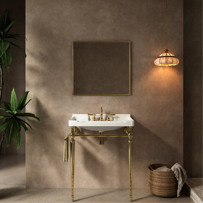 Lavabo de salle de bain en céramique 28 po, 3 trous de robinet pré-percés, support en acier inoxydable avec barre à serviettes amovible, finition dorée, lavabo intégré haute performance, meuble-lavabo à égratigner et facile à assembler,