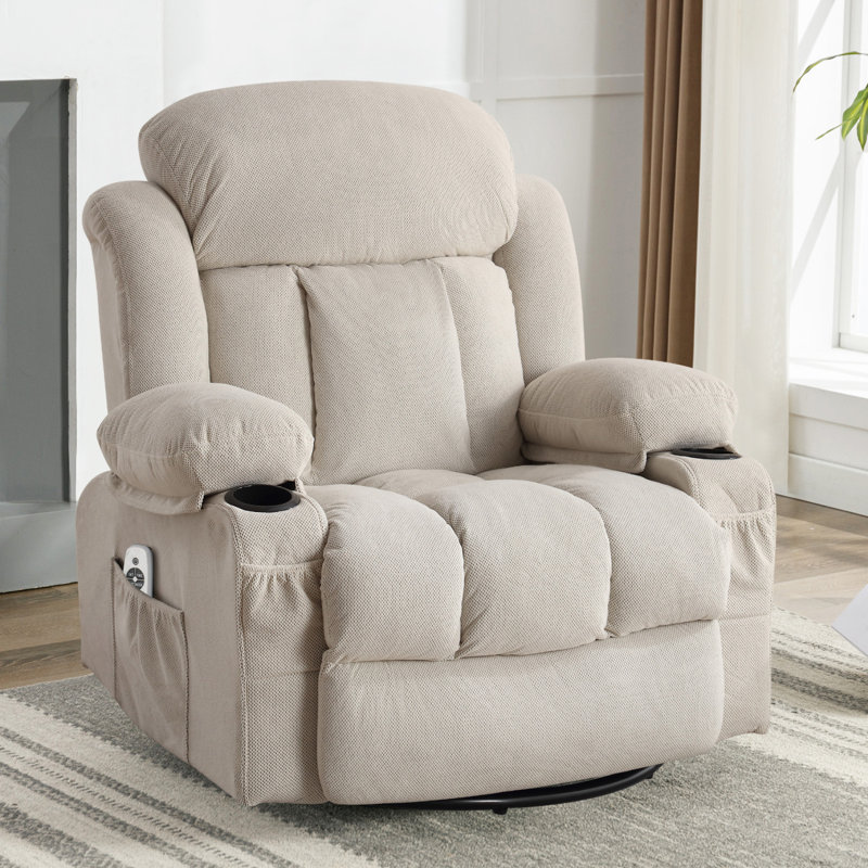 Swinging Recliner Massage Heated Sofa, With USB And 2 Cup Holders In Side Pockets, Cream