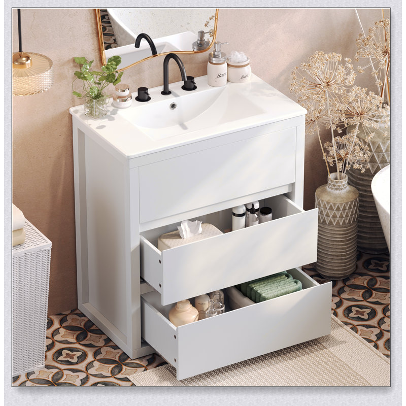 Meuble-lavabo autoportant de 30 pouces avec lavabo en céramique et tiroirs pleine extension à fermeture en douceur, conception sans poignée à 45 degrés pour les salles de bain modernes