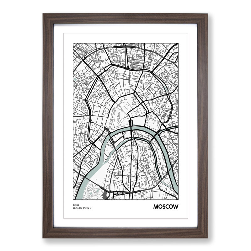 Map Moscow Russia - Picture Frame Graphic Art, 36cm H x 27cm W x 2cm D, Walnut