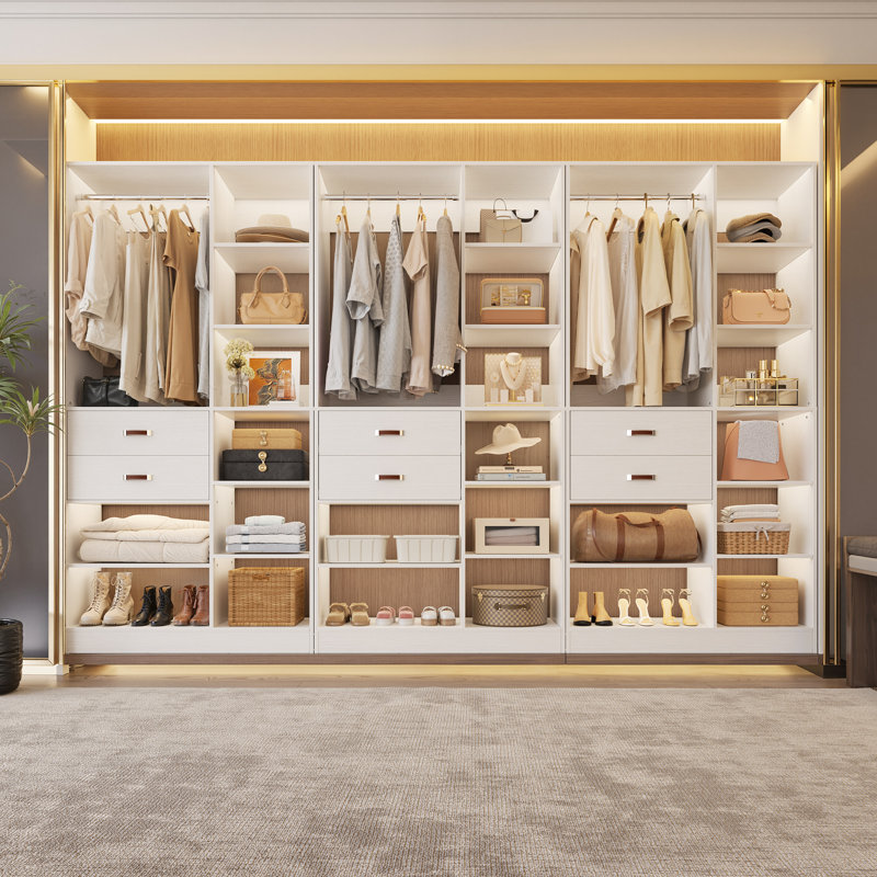 120'' W Closet System with Wooden Drawers and Hanging Rods, White