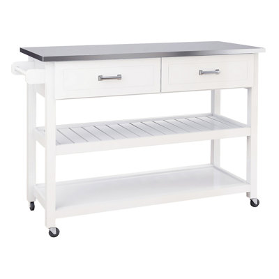 Stainless Steel Top White Kitchen Cart With Two Drawers - Versatile And Space Saving Solution Table In For Streamlined Culinary Storage