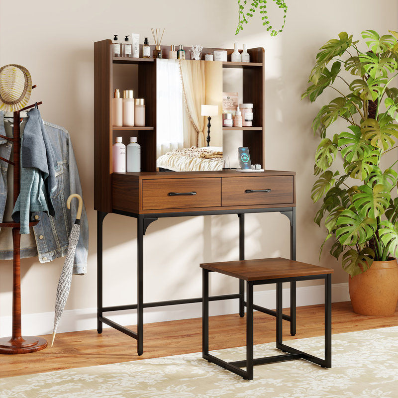 Vanity Set w/ Mirror Cabinet Modern Makeup Vanity Table w/ Stool 2 Drawers, Walnut