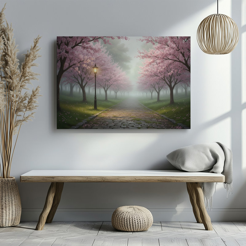 Toile, "Sereine Misty Pathway" méandres à travers un paysage tranquille encadré par Delicate Cherry Blossom Trees In Full Bloom, reproduction d'art sur toile
