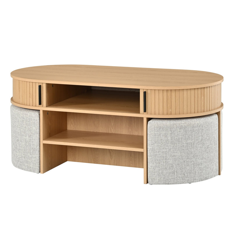 Table basse avec rangement et 4 tabourets en tissu
