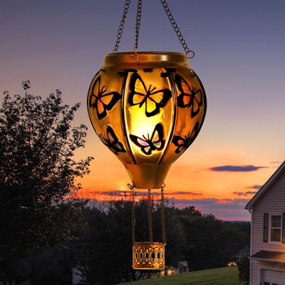 18'' Butterfly Solar Hot Air Balloon Lantern ,Glass Solar Lanterns Outdoor Waterproof Hanging Light