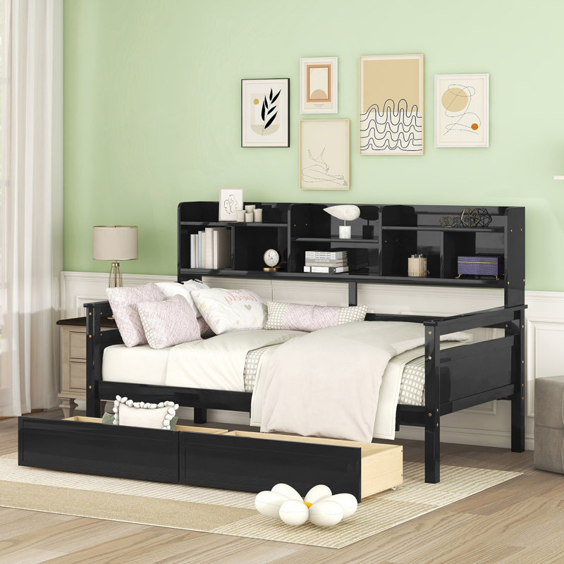 Modern Twin Size Daybed With Bedside Shelves And Two Drawers, Espresso