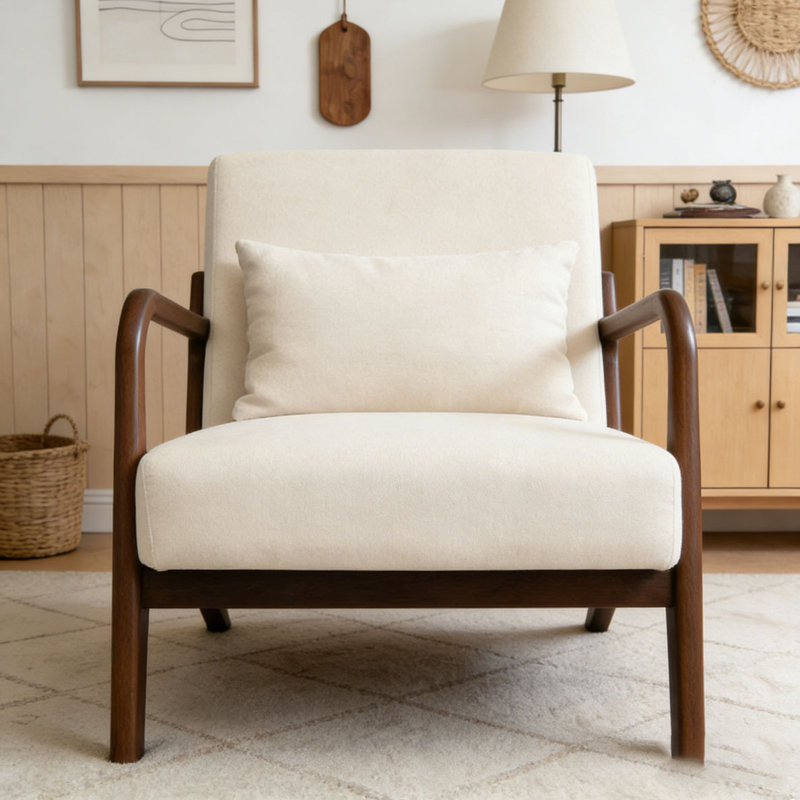 Chaise d'appoint moderne avec structure en bois, Lin de coton, Blanc