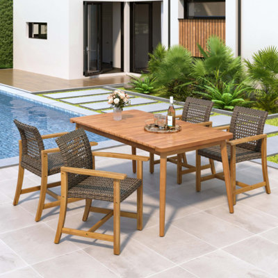5-Piece Patio Dining Set, Slatted Table & 4 Acacia Wood & PE Rattan Chairs For Patio Garden