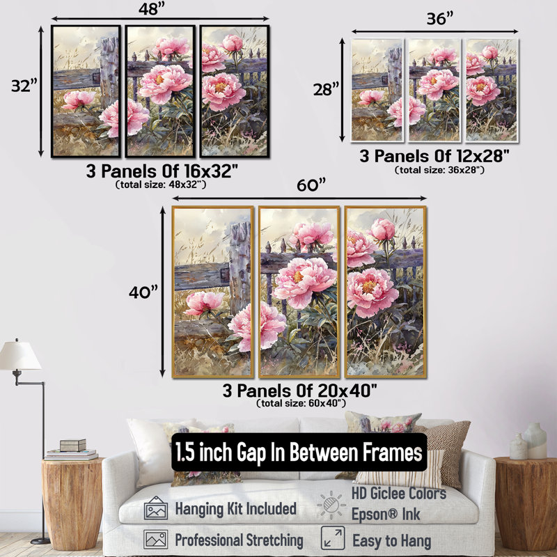 Pivoines par la porte de la ferme I - art mural pivoines - ensemble de 3, H 28 po x l 36 po, Brun