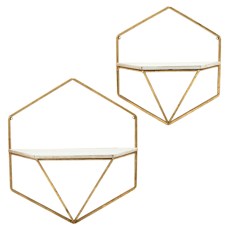 Decorative Wood Hexagon Wall Shelves with Metal Frame for Living Room Decor - Wall Shelves Accent for Shelf Organizer for Flower Display - Set of 2