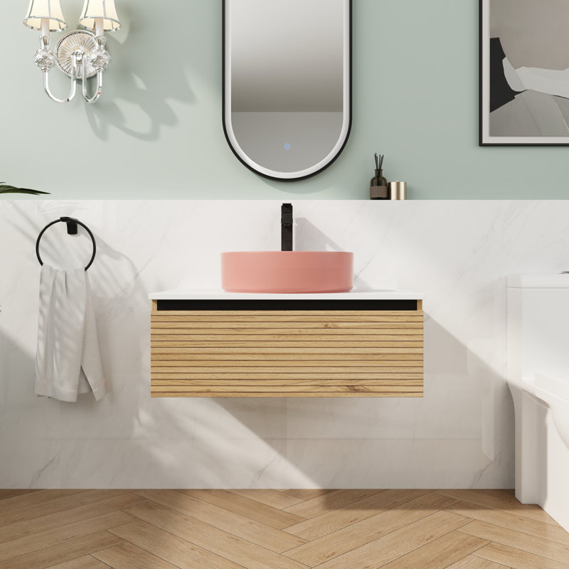 Meuble-lavabo mural 30 po avec lavabo en céramique et tiroir à fermeture en douceur, 29.53", Rose