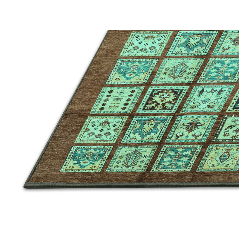 Tapis géométrique bleu / blanc fabriqué à la machine, Rectangle 2 pi x 3 pi