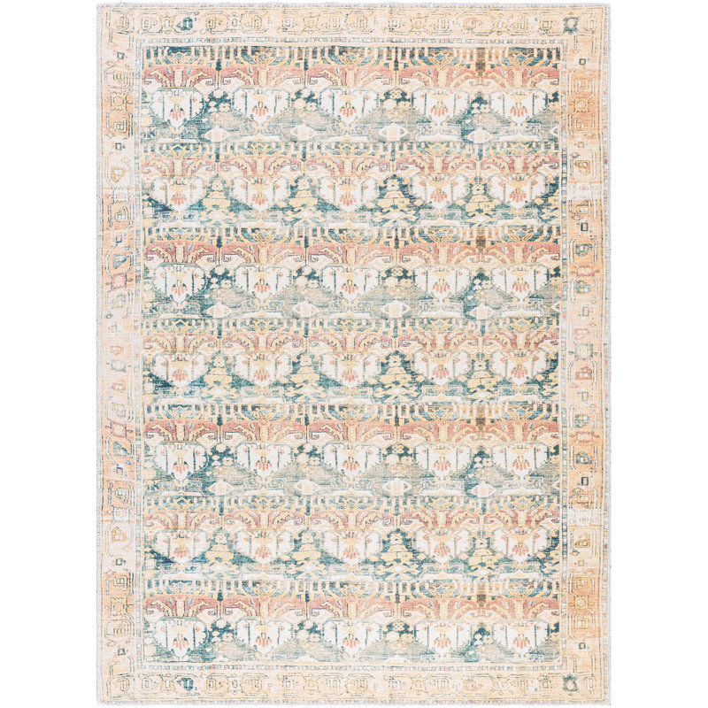 Alburgh Oriental Machine Woven Polyester Area Rug in White/Teal/Orange, Rectangle 6'7" x 9'