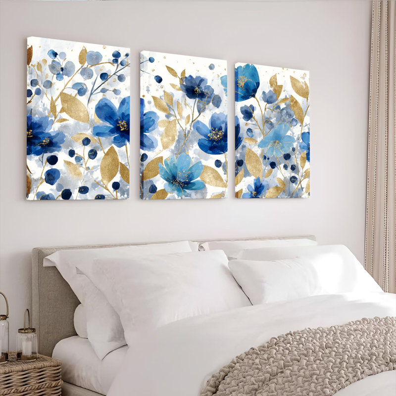«Blue Floral» et feuille d'or, reproduction d'art sur toile tendue sur toile, ensemble de 3, H 24 po x l 48 po