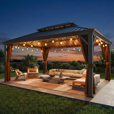 16 Ft. W x 12 Ft. D Outdoor Aluminum Hardtop Gazebo with Double-Layer Roof, Curtains, and Mosquito Net