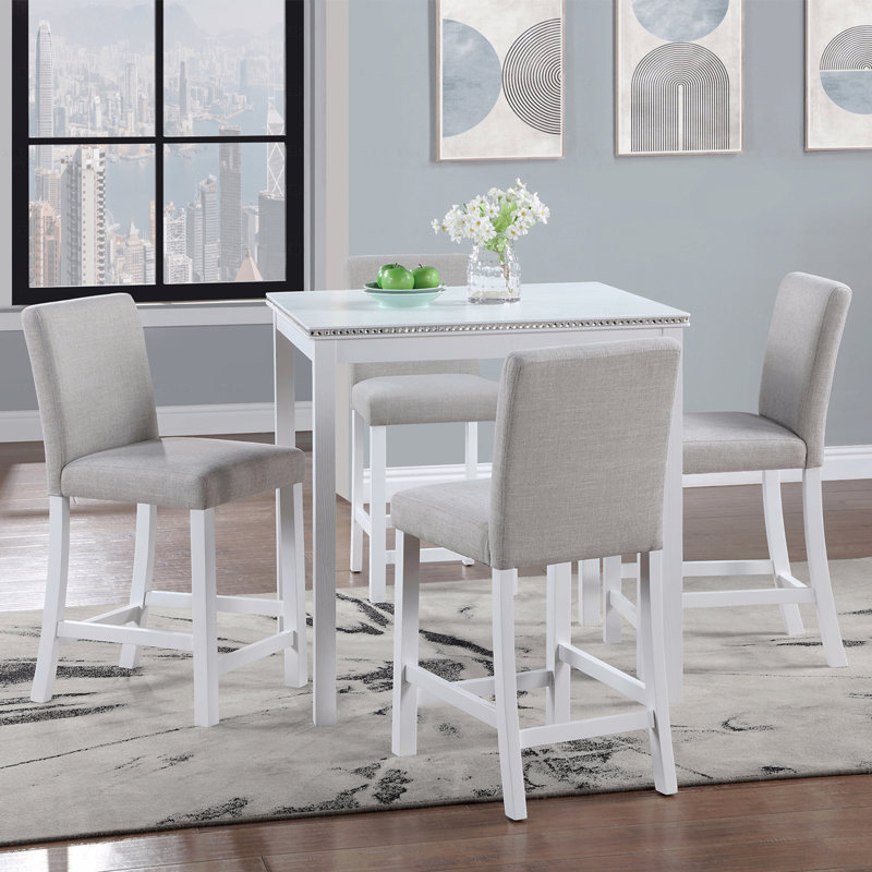 5 Piece Counter Height Table Set, Wooden Kitchen Table Set With Square Table And 4 Upholstered Chairs, Counter Height Dining Table With Crystal Decoration And Chair Set For Kitchen, Dining Room,White