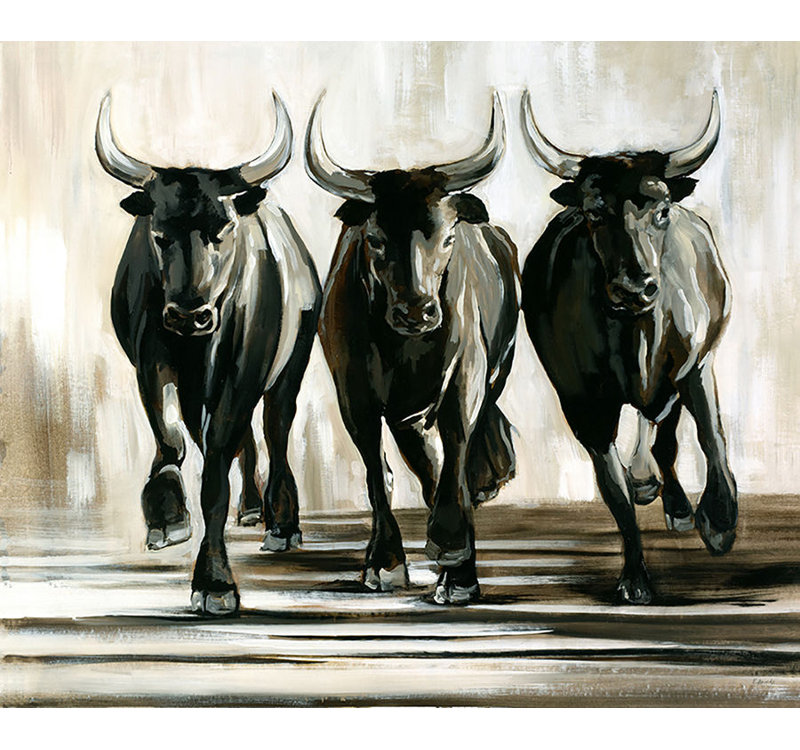 «Run Bulls» - peinture sur toile tendue, H 50 po x l 60 po x P 1,5 po, Image au pinceau gel