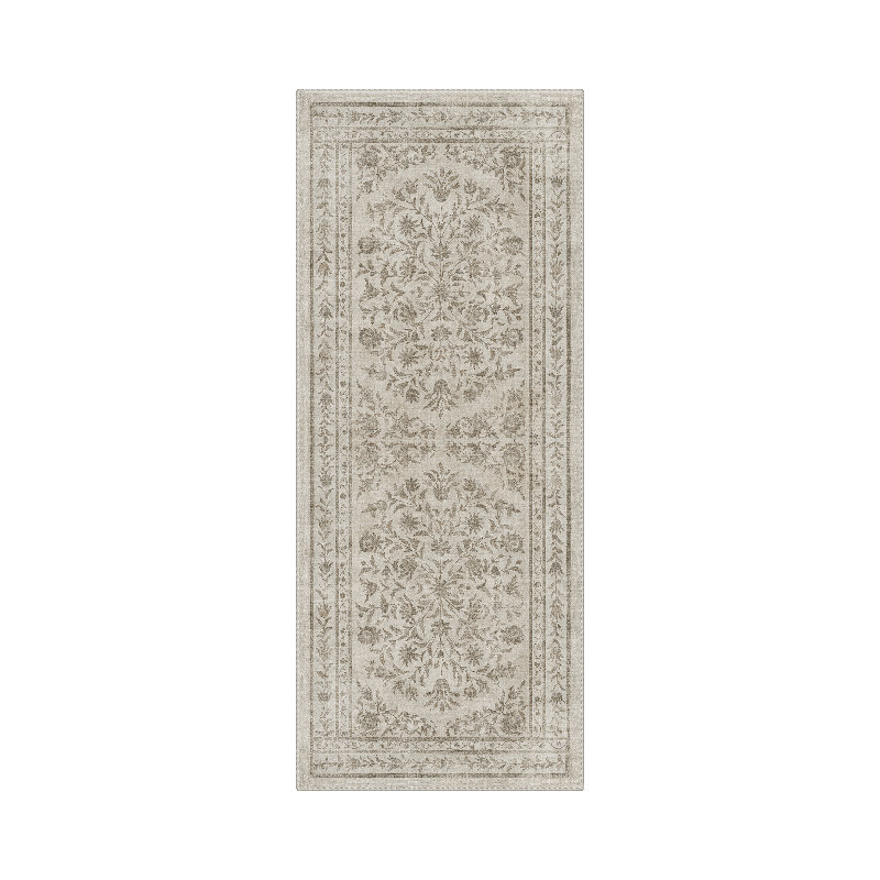 Tapis de couloir beige vintage à motif floral vieilli, lavable à la machine, antidérapant, pour entrée ou cuisine.
