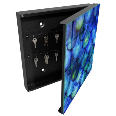 Key box for wall, Opens to the left, 30x30x5, White, Dynamic scale pattern in shades of blue, 