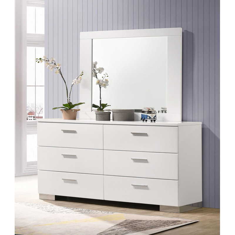 Commode 6 tiroirs en bois avec miroir blanc brillant