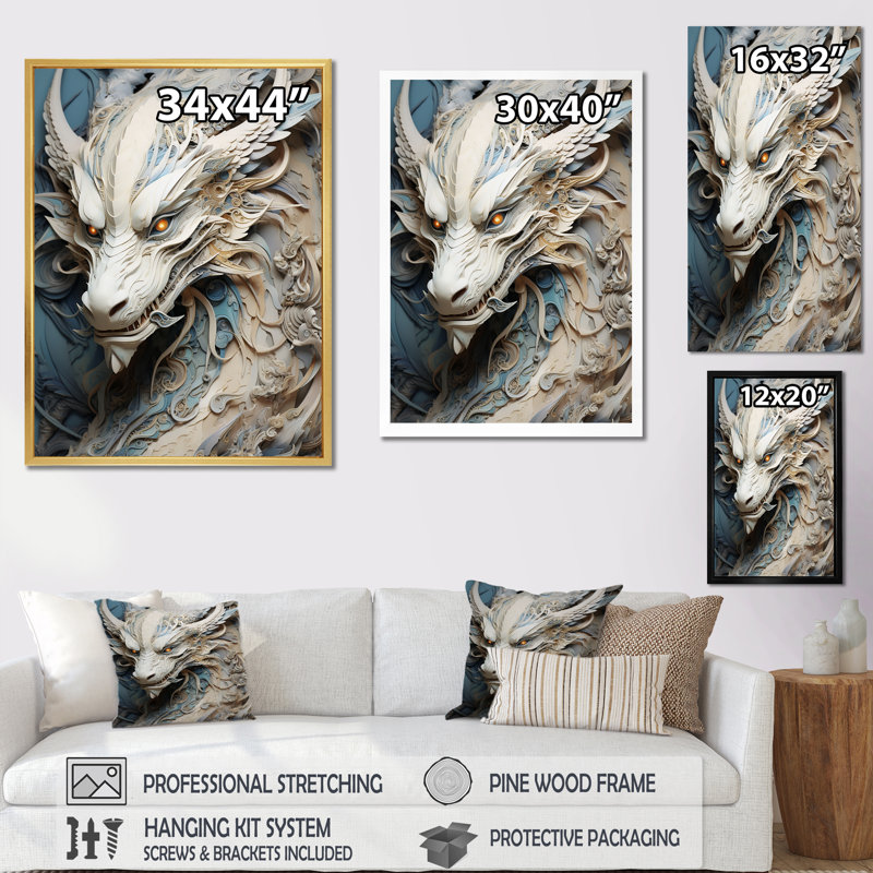 «Epic Blue and Grey Dragon Odyssey I», reproduction encadrée, H 32 po x l 16 po x P 1 po, Cadre flottant doré