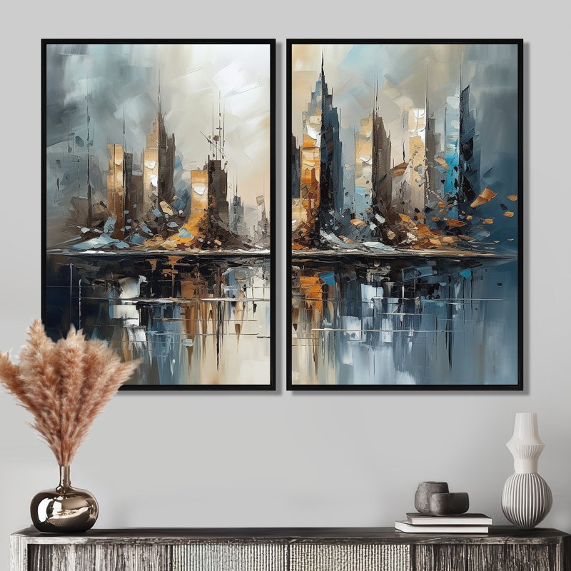 «Abstract City Skyline2», art mural sur toile grise 2 pièces, Impression encadrée flottante, 36'' H x 48'' W, Black