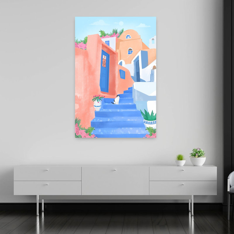 Santorini Street Abstract Contemporary Cat Summer Architecture Wall Art Print by Petra Lizde - Wrapped Canvas Print