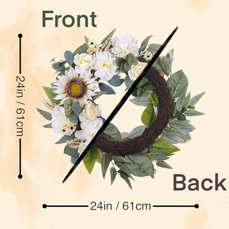 24'' White Floral Wreath with Sunflowers and Eucalyptus Leaves